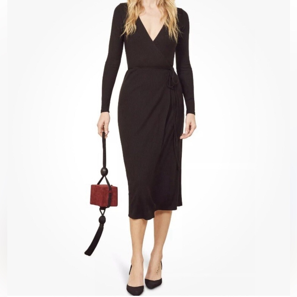 Reformation Black Wrap Celine  Midi Dress
